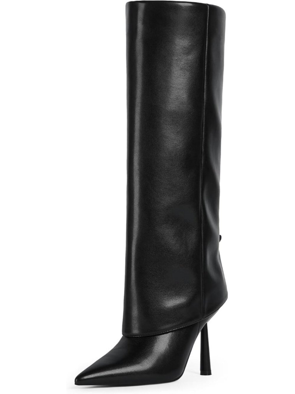 Women's Black Faux Leather Pointed Toe Stiletto Heel Fold Over Knee High Boots